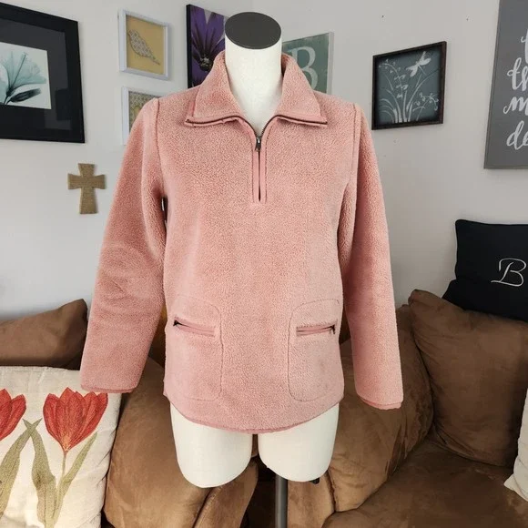 Madewell Tops Madewell Dusty Pink Sherpa Popover 4 Zip